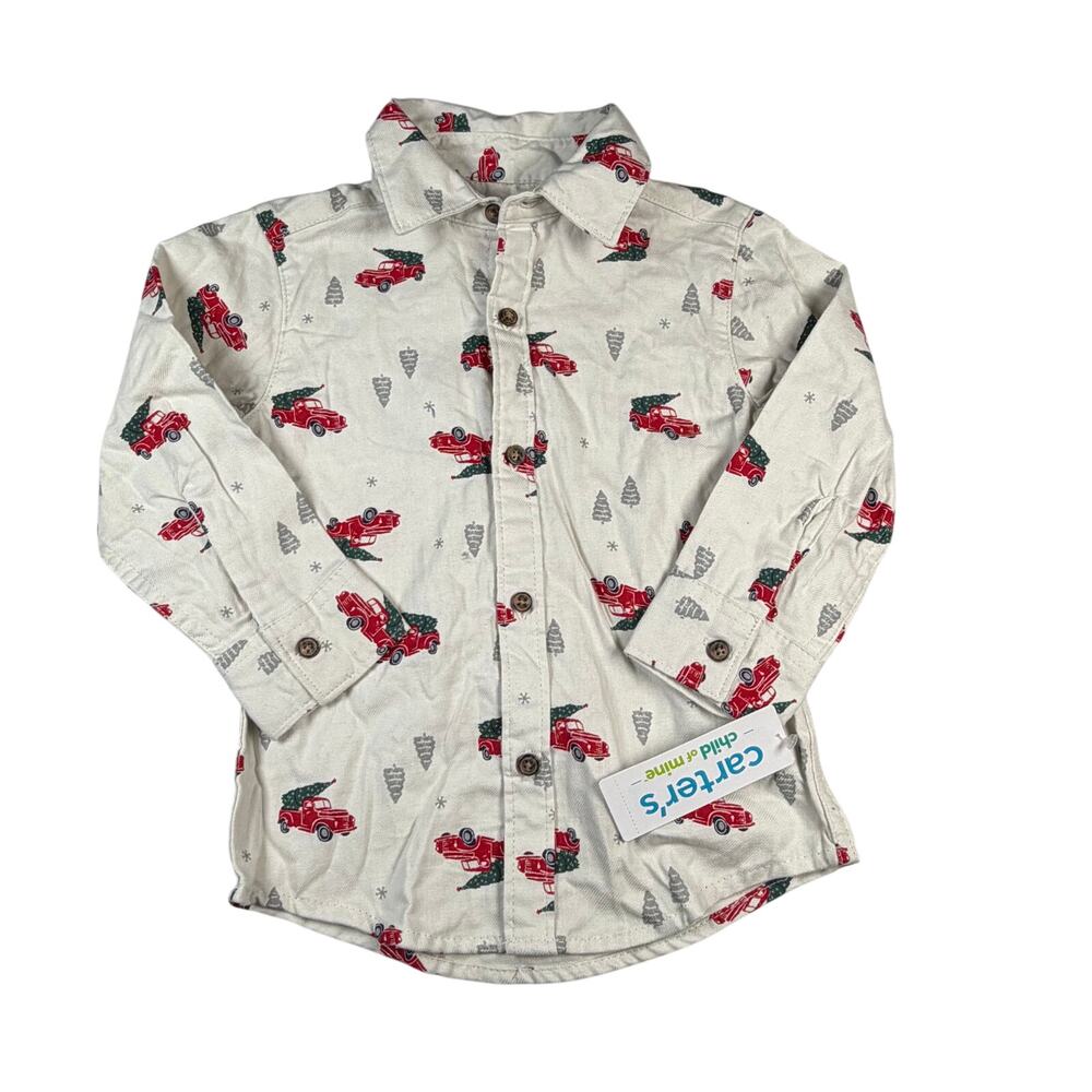 Carters Dress Shirt Boys 2T Christmas Print Long Sleeve Cotton Flannel NWT